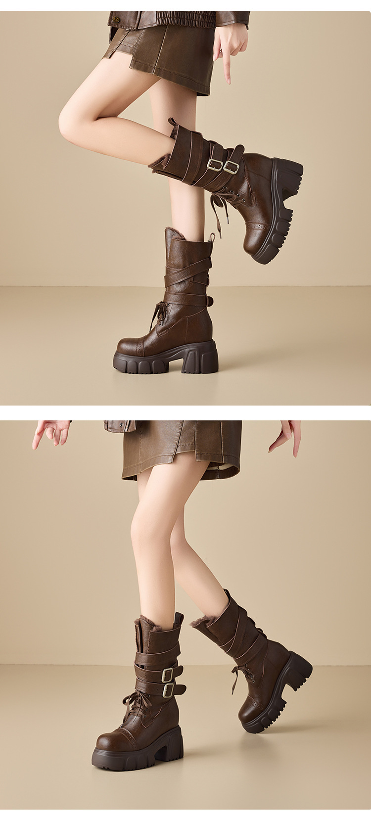 Boot cổ trung nữ gót vuông 10cm phong cách biker khóa thắt lưng — nhung nâu chi tiết 3