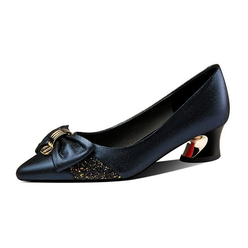 2024 spring and autumn new style French rhinestone thick heel pointed toe shallow mouth single shoes for women with medium heel soft leather fashionable large size women's shoes