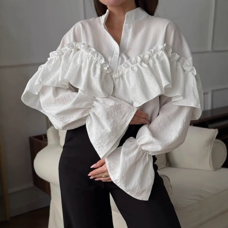 Spring and Summer New Women's Clothing Elegant Lace Layered Decorative Casual Shirt French Lace Splicing Long-Sleeved Top