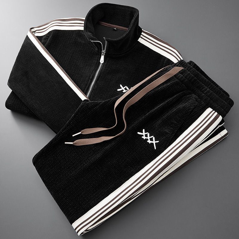 Autumn and Winter Warm Sports Suit Men's Zipper Stand Collar Cardigan Jacket Slim Straight Sports Pants Two-Piece Set Autumn and Winter Warm Sports Suit Men's Zipper Stand Collar Cardigan Jacket Slim Straight Sports Pants Two-Piece Set