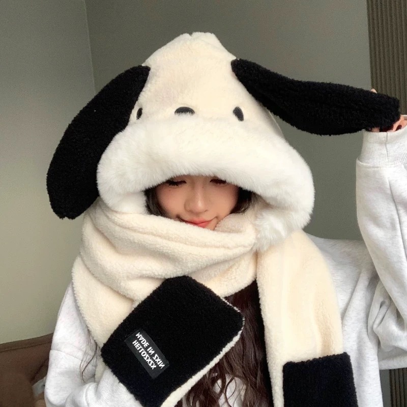 Nouvelle écharpe et gants en peluche mignons, une pièce, pour femmes, automne-hiver, motif dessin animé, chauds, protection des oreilles épaisse, bonnet._voghion.com