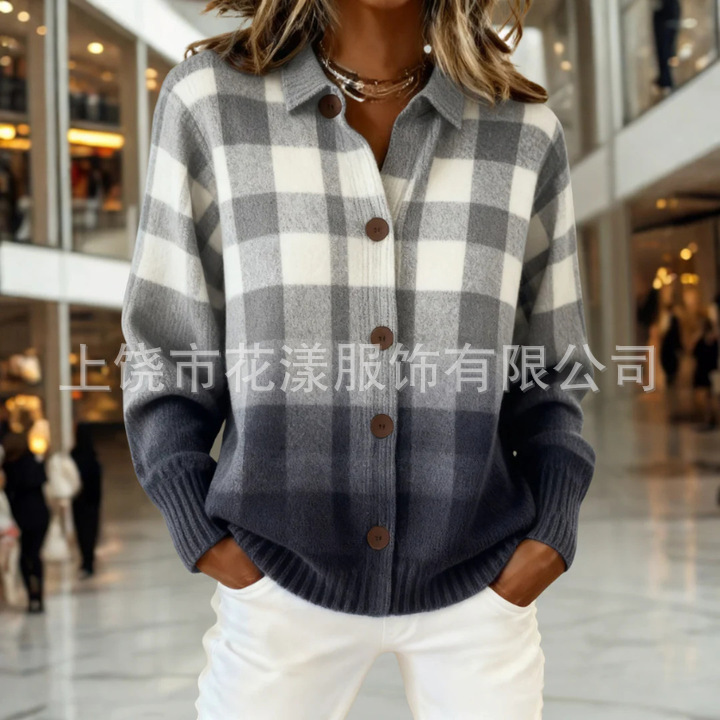 [Brown 6-Button] 2025 New Cross-Border Women's Shirt with Turn-Down Collar, Cardigan Top, Solid Color Knit with 3D Print