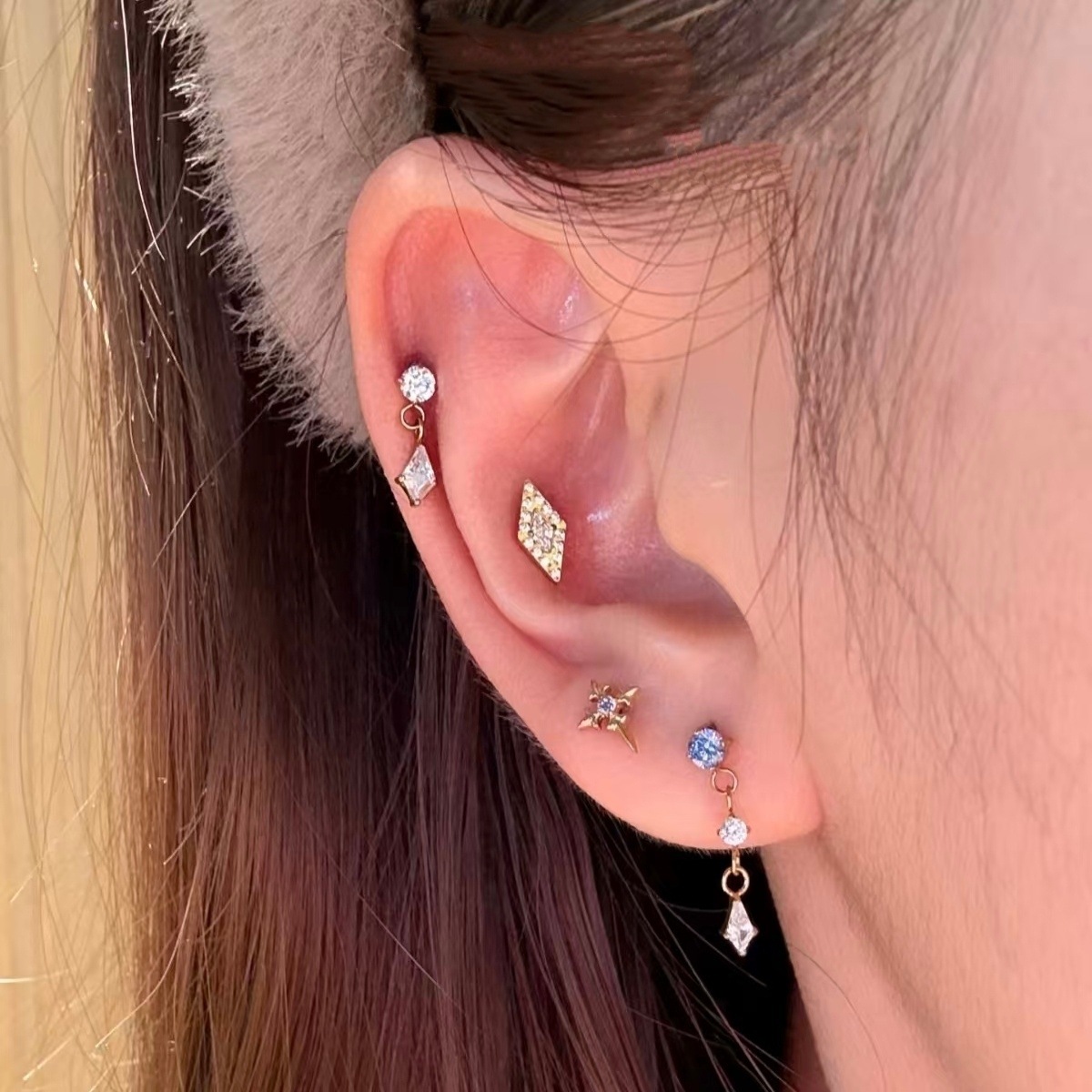 F136 Titanium Alloy Super Fairy Blue Starburst Zircon Series Ear Studs, 1.2mm Rod Diameter, 0.9mm Inner Thread Spiral Studs