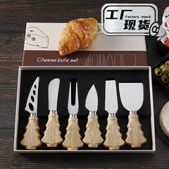 跨境西餐刀具聖誕樹橡膠木柄奶酪刀黃油刀禮盒芝士刀套裝6件套