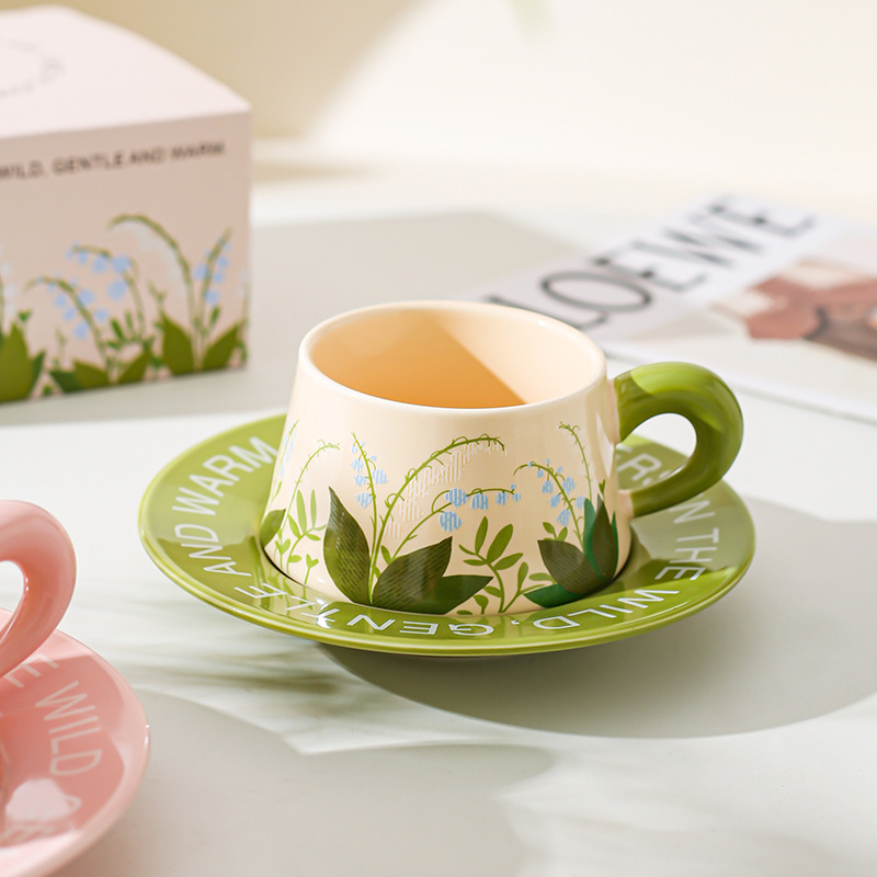 Juego de tazas y platillos de café de cerámica de estilo pastoral, taza de té de la tarde de celebridades de Internet, combinación de dim sum, sentido de alta calidad, fresco, literario y romántico