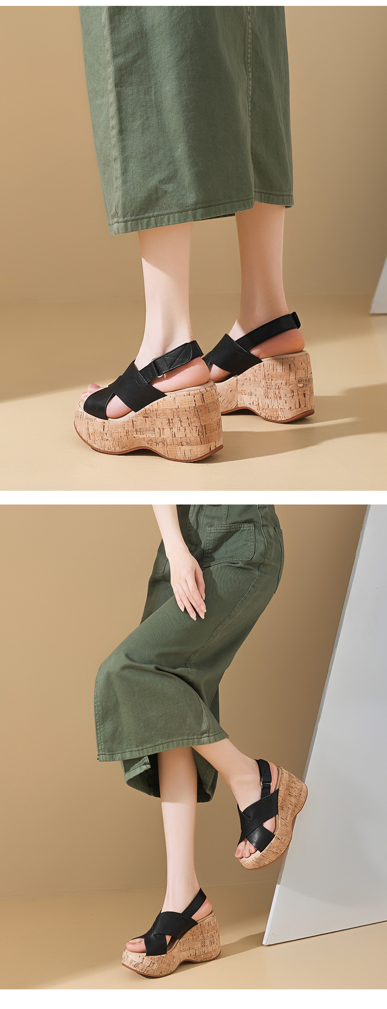 Sandal cao gót nữ quai chéo hở mũi đế xuồng 10cm da bò thật phong cách La Mã — màu đen, màu trắng ngà chi tiết 10