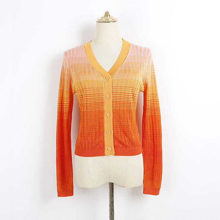 Spring and Autumn New Fashion Gradient Color Thin Knit Cardigan Single-Breasted V-Neck Slim-Fit Long-Sleeve Top Wholesale
