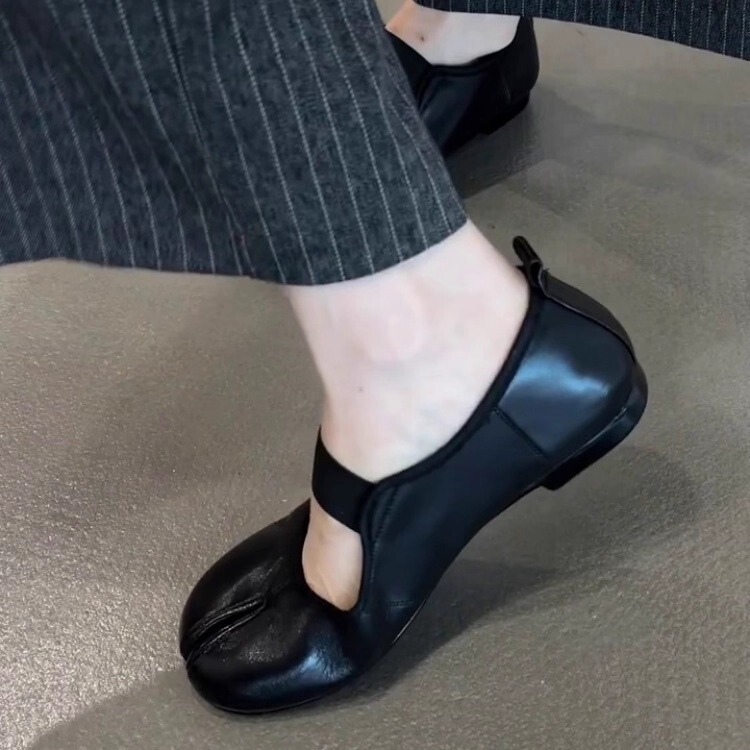 羊皮版~复古百搭圆头分趾内增高软底女柔舒适简约一字带浅口单鞋|undefined