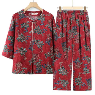 老年人夏装女棉绸套装奶奶绵绸中袖衬衫老太太宽松妈妈开衫两件套
