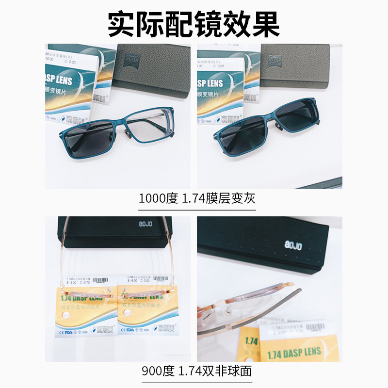 1.74 Colored Mirror Lenses with Anti-Blue Light Film, Changing from Color to Grey to Tea, Light Blocking, Ultra-Thin Aspheric Coated Eyeglass Lenses