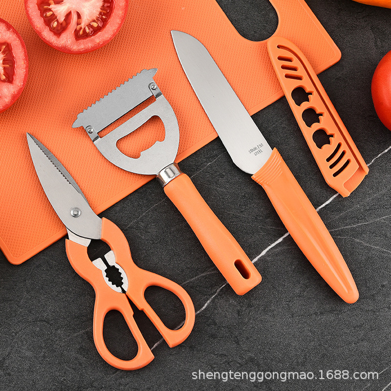 Fábrica directa nueva tarjeta de succión cuchillo de cocina de cuatro piezas juegos multifuncionales cuchillo de frutas tijeras planador de verduras utensilios de cocina