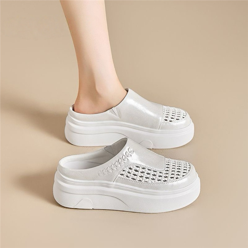 Thick-Soled Baotou Half Slippers for Women 2025 New Internet Celebrity Slip-On Breathable Casual Hollow Woven Sandals