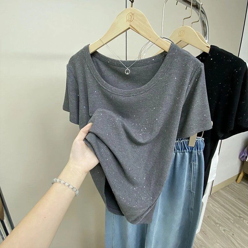 Plus-Size Women's Sequin T-Shirt for Summer, Short-Sleeve Base Shirt for Chubby Girls, Tummy-Concealing, Slimming, Loose Top