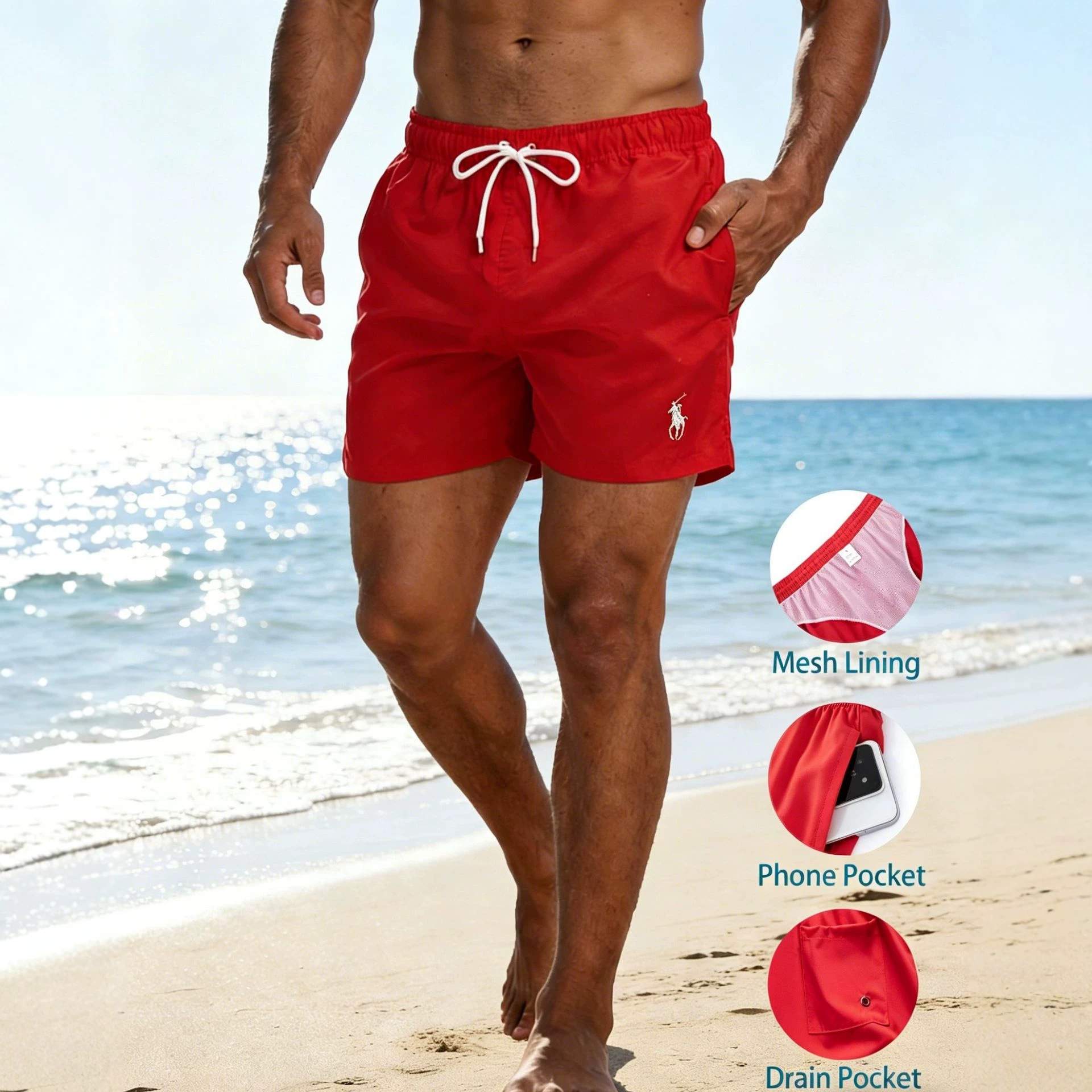 New cross-border Amazon men's swim trunks/beach shorts with embroidered pony logo, double-layered design, inner mesh, and multiple pockets.