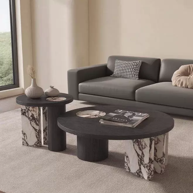 轻奢圆形茶几组合大理石纹理客厅中古风高级感黑色大小圆形桌茶几