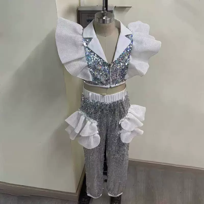 女童亮片爵士舞服装儿童时髦演出服套装女孩t台走秀时潮装夏季酷