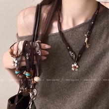 波西米亚民族风丝巾布艺串珠项链女2025年新款复古小众秋冬毛衣链