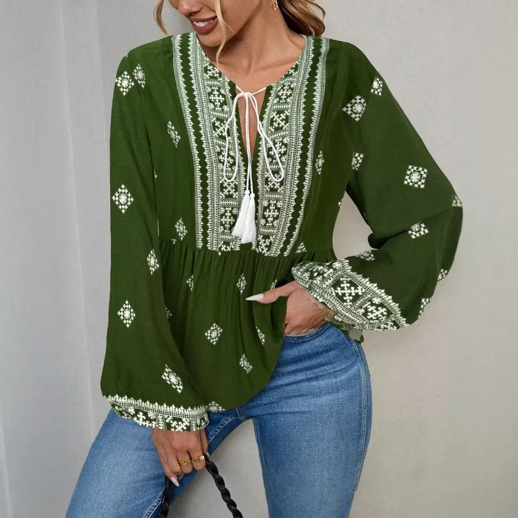 欧美加大码女士长袖花卉印花流苏领带灯笼袖衬衫，适合假日欧美