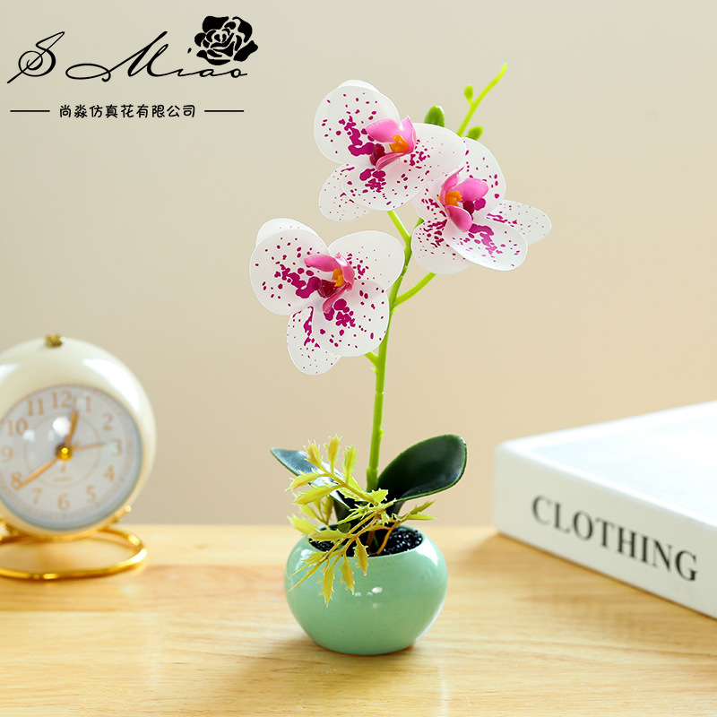 Popular flor artificial pequeña olla redonda de tres flores película Phalaenopsis bonsai creativo interior pequeña decoración artificial planta bonsai image 7