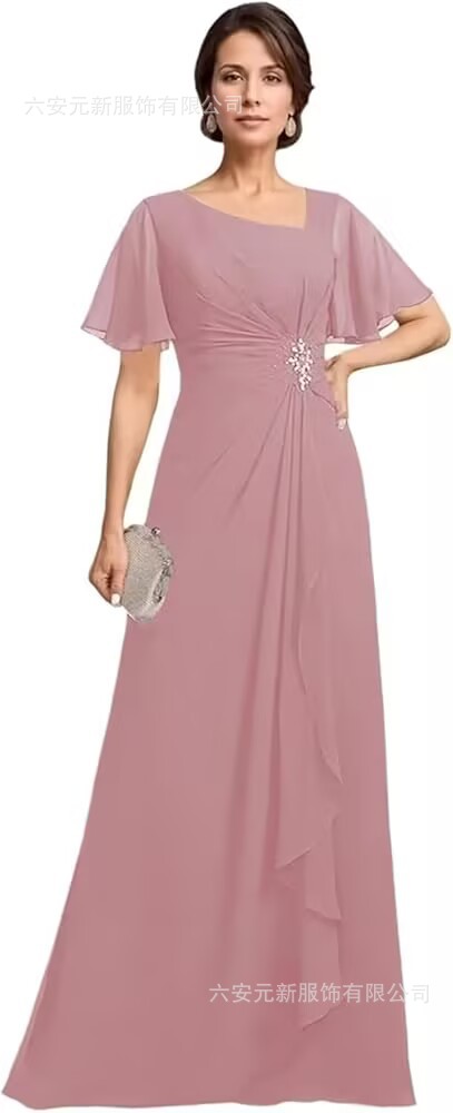 Vestido de novia de gasa de Amazon vestido de madre mariposa de manga corta plisada larga aplicación vestido de invitado de boda