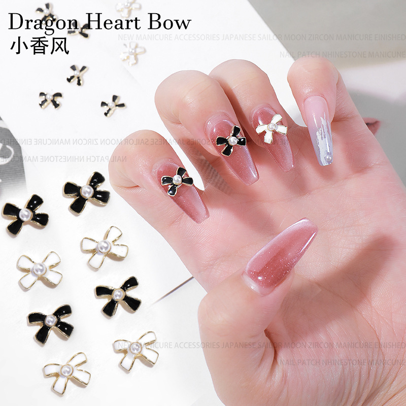 New Trendy Internet-Famous Chanel-Style Nail Art Alloy Accessories with Oil-Drip Pearls, Bowknots, Black and White Minimalist French Nail Decorations