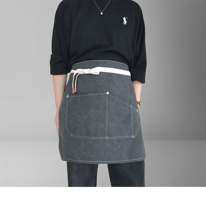 Manufacturer Barista Baking Denim Canvas Genuine Leather Short Half-Length Fashion Half Apron Waist Custom Logo