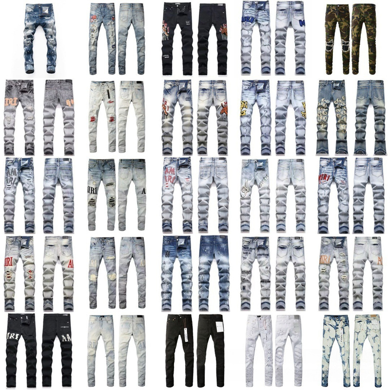 Cross-border high-end AM patchwork embroidered high-street basic distressed loose-fit casual versatile jeans Cross-border high-end AM patchwork embroidered high-street basic distressed loose-fit casual versatile jeans