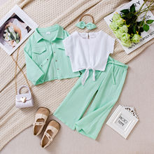 热卖欧美外贸跨境春夏季新款女童清新薄荷绿色长袖外套长裤多套装