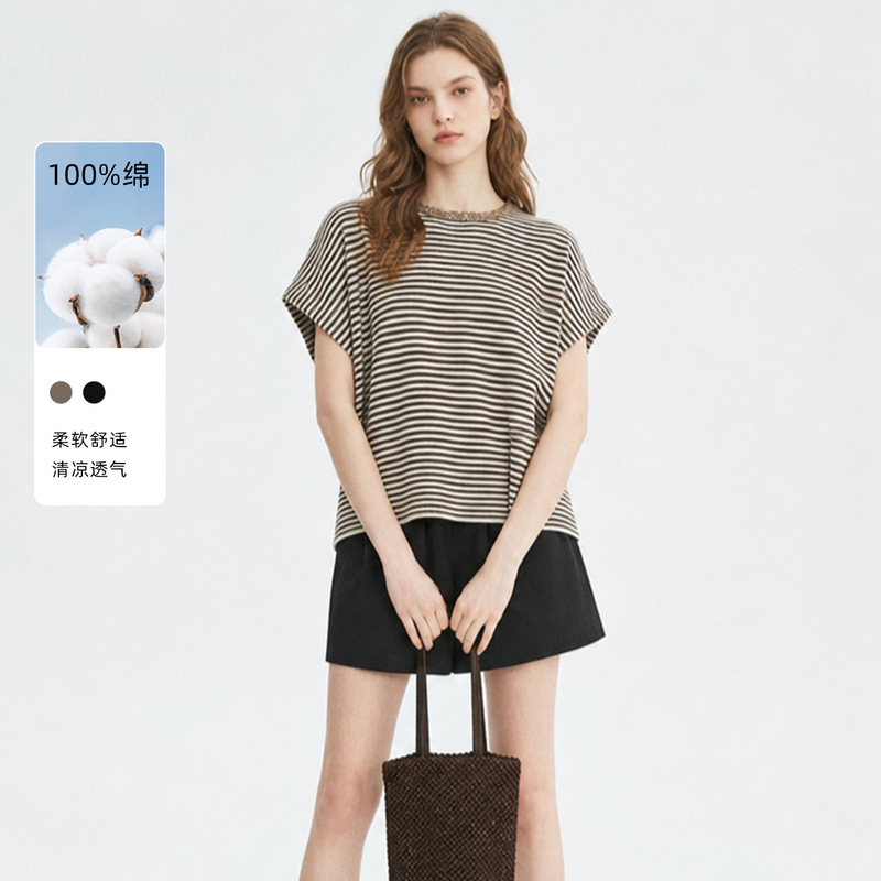 Bc Sequin Embroidered Collar 100% Cotton Batwing Sleeve Loose Striped Knit T-Shirt for Women Summer Bc Same Style