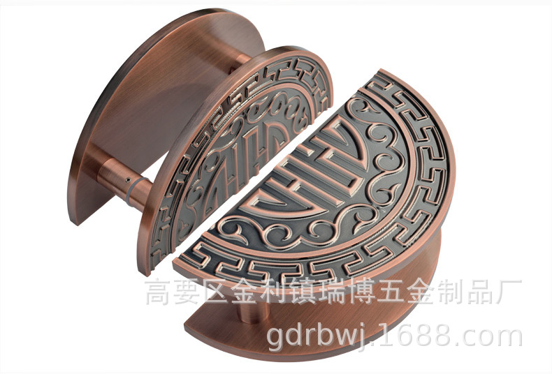 古铜色雕刻门把手中式玻璃门木门把手实心铝板定制对装