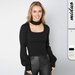 2022 Cross -border Autumn Women's French Lantern Sleeve Top Elastic Slim Slim Halway Half -Hed -collar Holding