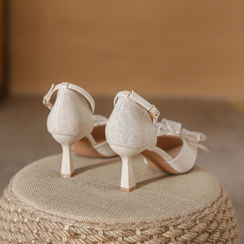 Diamond Butterfly Bow Princess Flat Sandals with Hollow Mid-High Heels 2024 Spring Summer Women's Wedding Shoes Elegant
