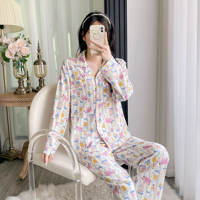 Al por mayor transfronterizo otoño nuevo pijama de algodón nublado, cardigan de manga larga, pantalones largos de dos piezas, ropa para el hogar se puede usar fuera