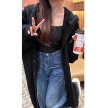 KANING韩系慵懒风连帽长款过膝针织开衫女装冬装加厚宽松显瘦外套