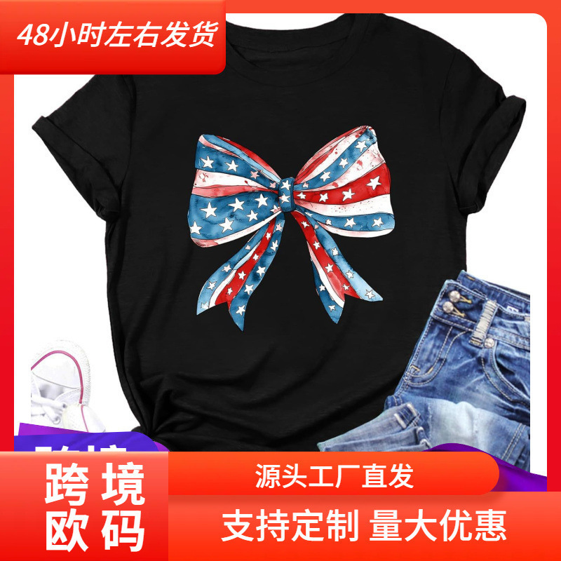 July 4th T-shirt for women, Independence Day patriotic T-shirt, American flag bow shirt, American flag print July 4th T-shirt for women, Independence Day patriotic T-shirt, American flag bow shirt, American flag print