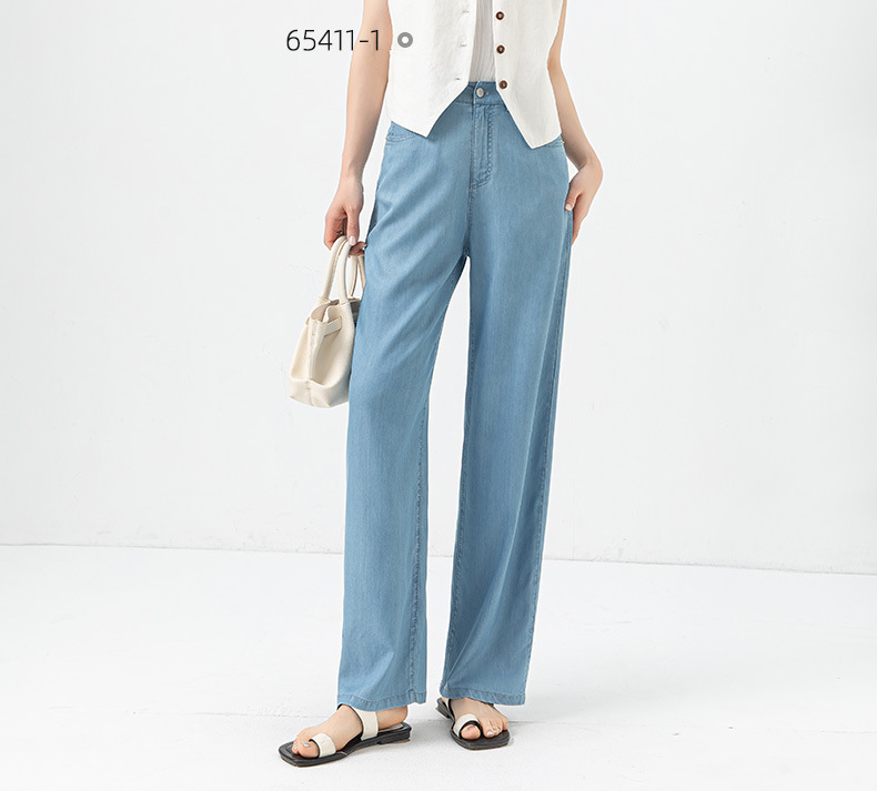Quần jean ống rộng cạp cao vải Tencel mỏng mùa hè — Màu xanh lam chi tiết 8
