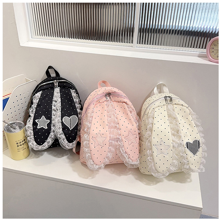 Indigo Smoke Mesh Bunny Ear Student Backpack Japanese Style Cute Girls School Bag High-Value Casual Versatile Travel Shoulder Backpack