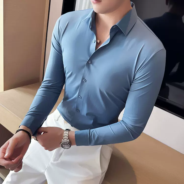 定制男士长袖衬衫商务休闲韩版修身高级感春秋高弹针织正装衬衣男