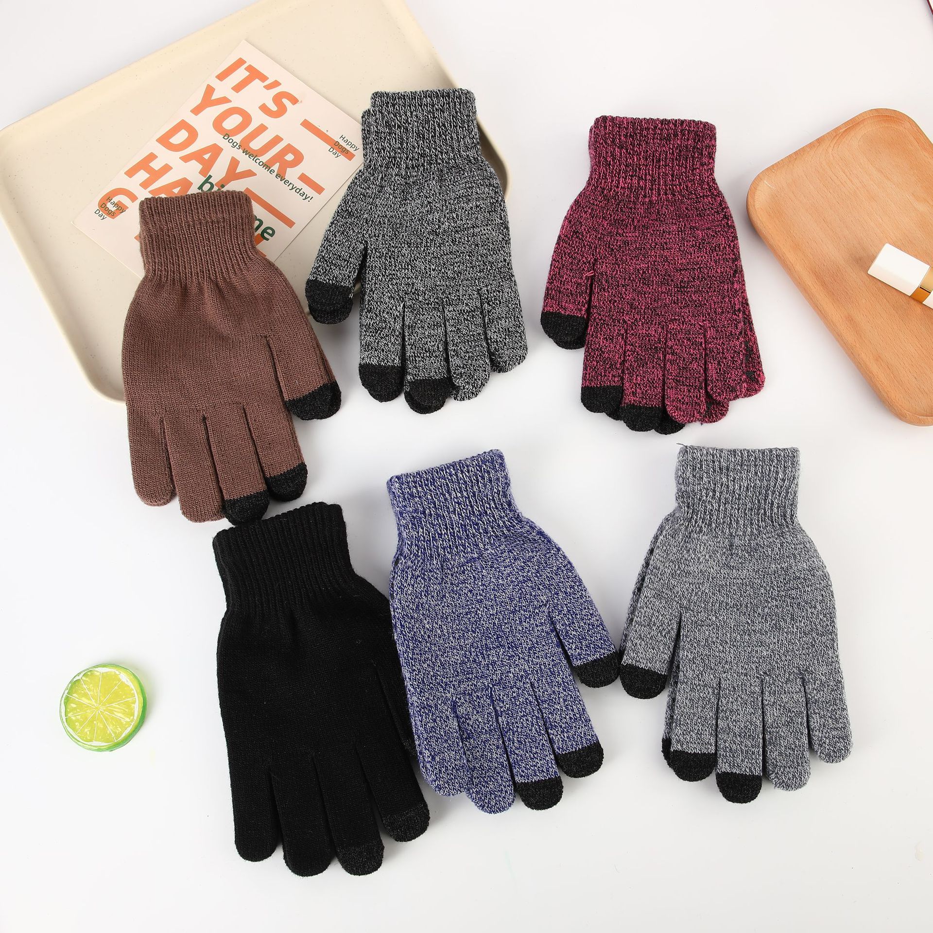 时尚简约加厚保暖手套学生骑行防风手套秋冬季针织成人手套分指