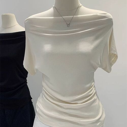 Chic Modal Cotton T-Shirt with Cross-Shoulder Design - Off-the-Shoulder, Short Sleeve, Women's Summer Fashion, Body-Fitting, Revealing Neckline, Trendy