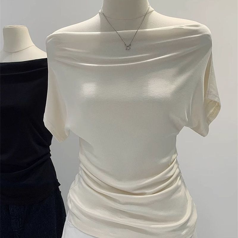 Super Touch Modal Cotton ~ One-Shoulder Collar Short-Sleeved T-Shirt for Women, Summer Design, Slim Off-Shoulder Slanted Shoulder Top, Trendy Super Touch Modal Cotton ~ One-Shoulder Collar Short-Sleeved T-Shirt for Women, Summer Design, Slim Off-Shoulder Slanted Shoulder Top, Trendy