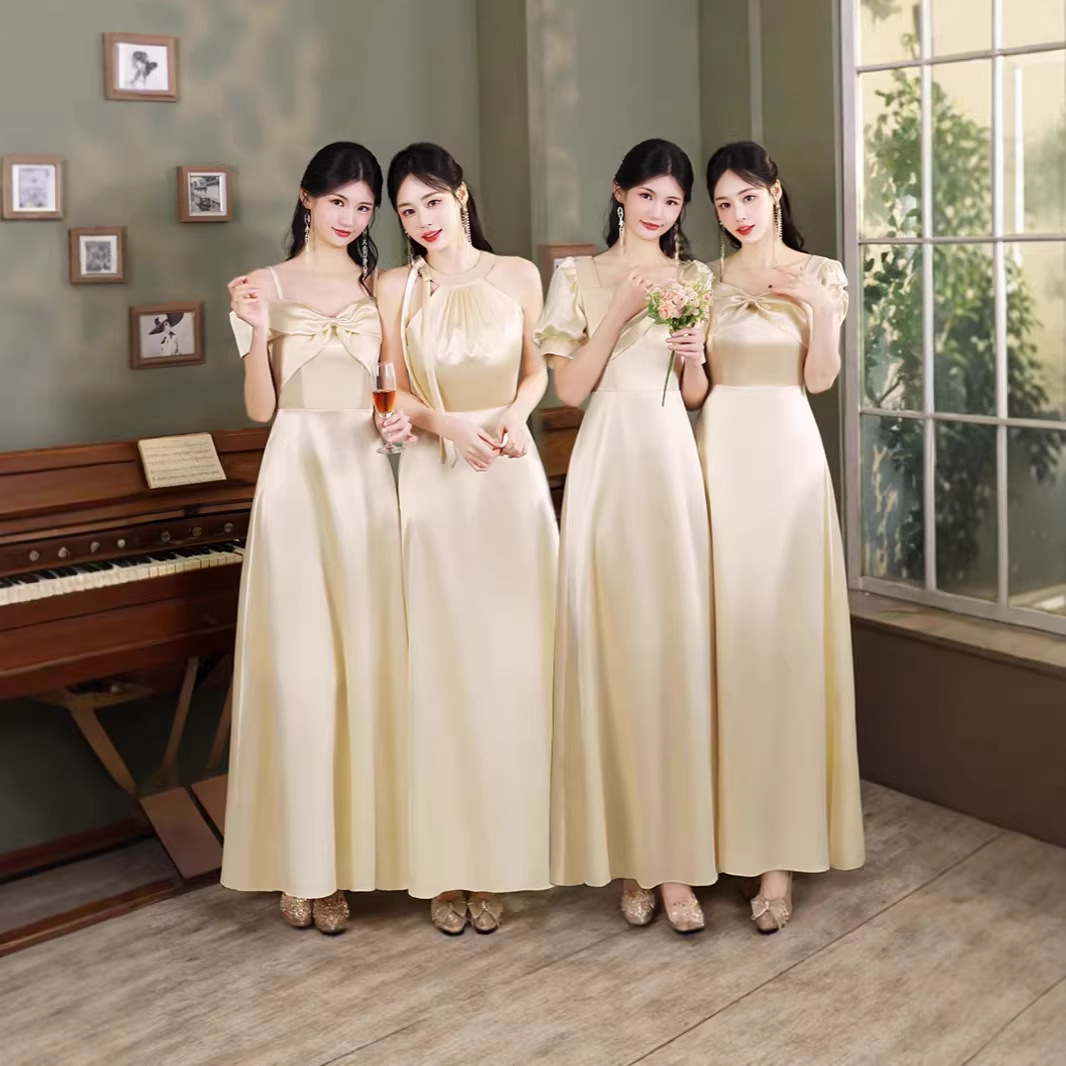 Bridesmaid Dress 2026 New Style Champagne Color Wedding Satin Long Dress Sister Group Dress Performance Outfit Chinese Style