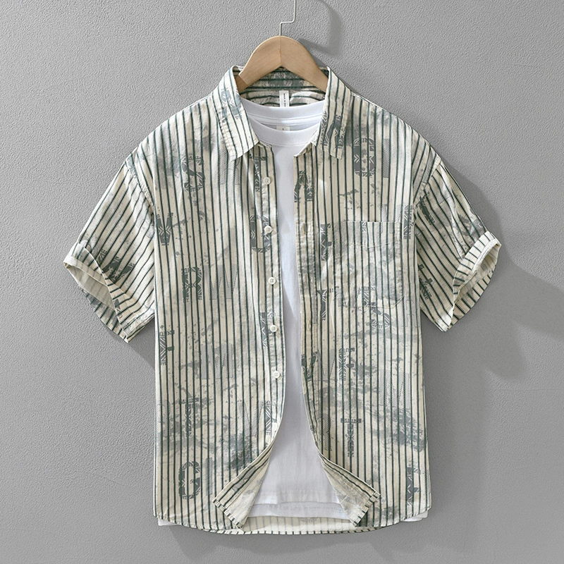 8957 полосатая рубашка в японском стиле с короткими рукавами, мужская мода, универсальный художественный повседневный свободный топ, оптовая продажа