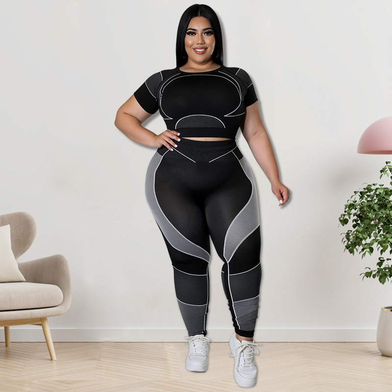 Plus Size Workout Sets For Women 3/4 Sleeve Crop Top And High Waist Yoga Pants, Color Block Sports Outfit, Sweet Style Athletic Wear_ecoleips.com