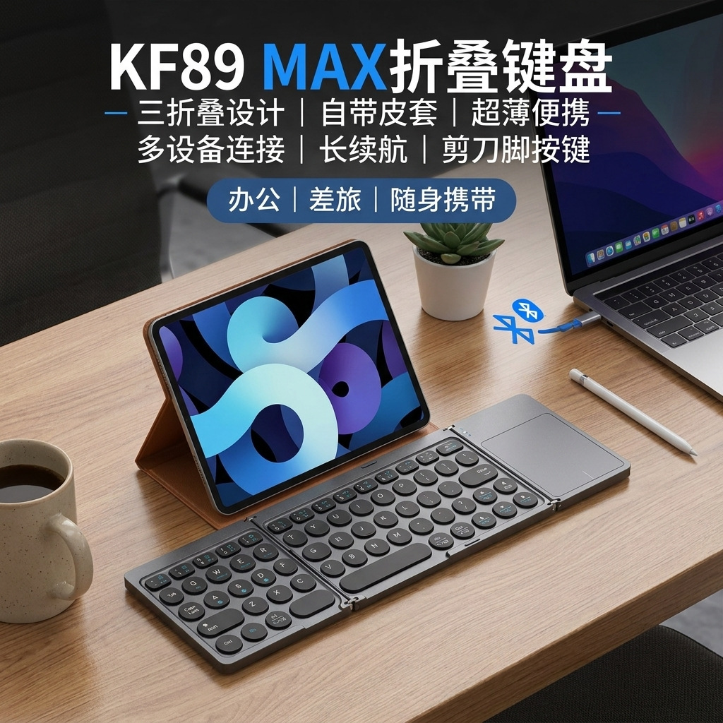 Cross-Border New Product Pu Leather 70% off Stack Bluetooth Keyboard with Touchpad Stand Detachable Portable Office Folding Keyboard