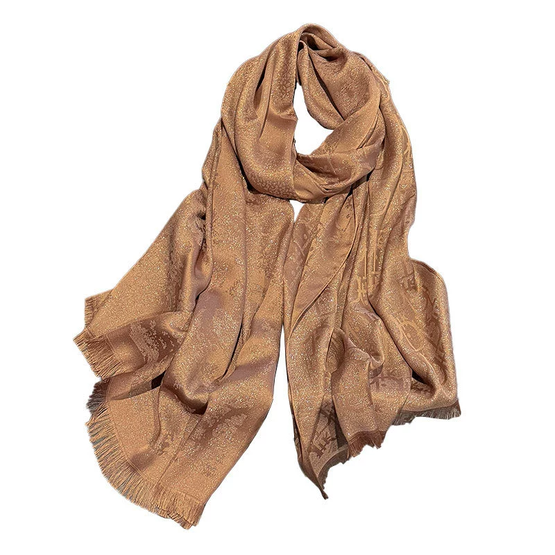 2025 new model emulated silk fashion elegant high-end long silk scarf short beard shawl long scarf Tiansi cotton gold silk scarf