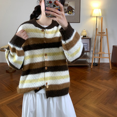 软糯条纹纽扣针织开衫女韩版2025秋冬新款圆领宽松百搭显瘦毛衣潮