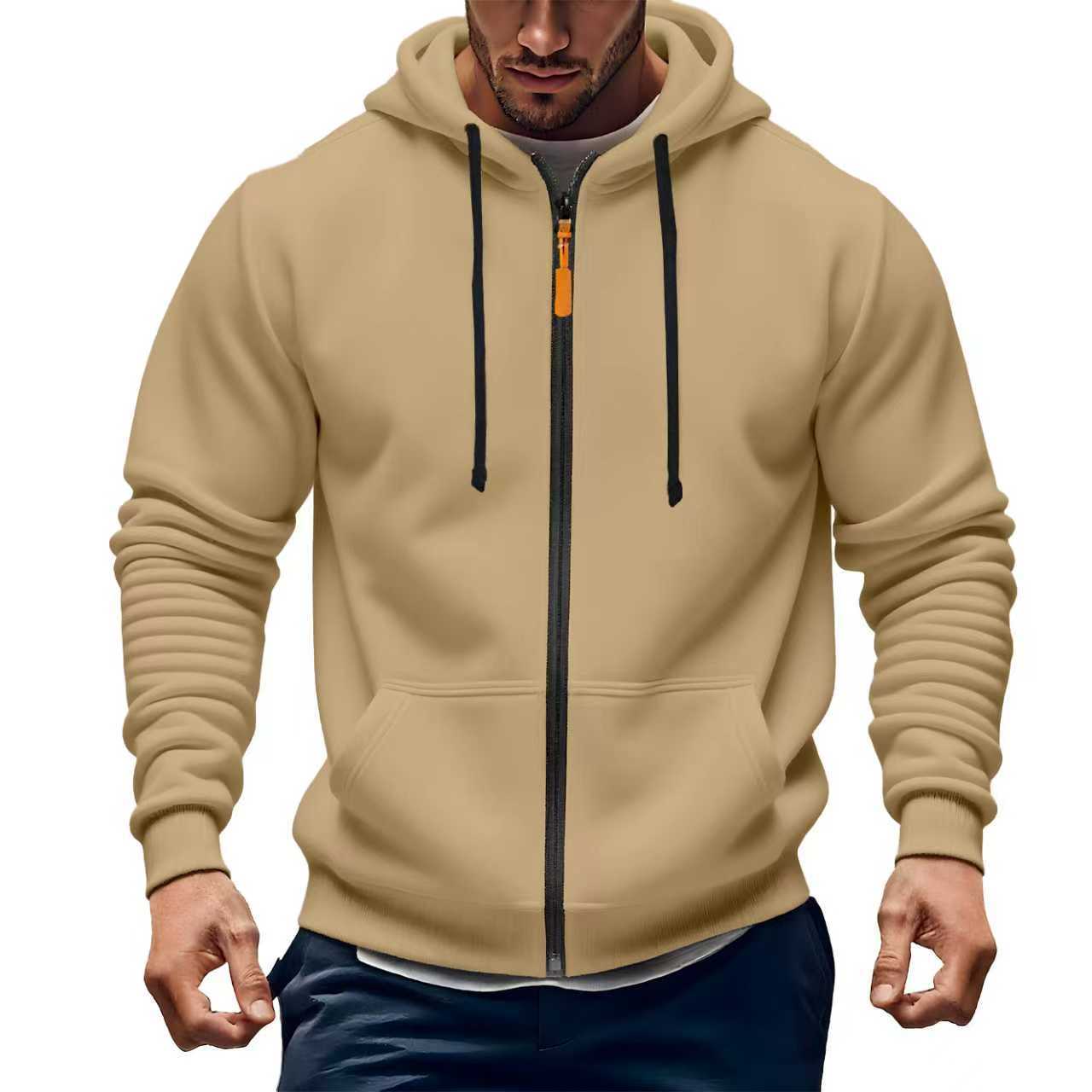 Monochrome Man- Cross-Border Autumn And Winter New Casual Fleece-Lined Thickened 'S Sweatshirt, Solid Color Zip-Up Hoodie Jacket For_voghion.com