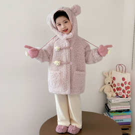 女童毛毛衣外套秋冬款2025新款加绒女宝宝小熊羊羔毛儿童冬季冬装