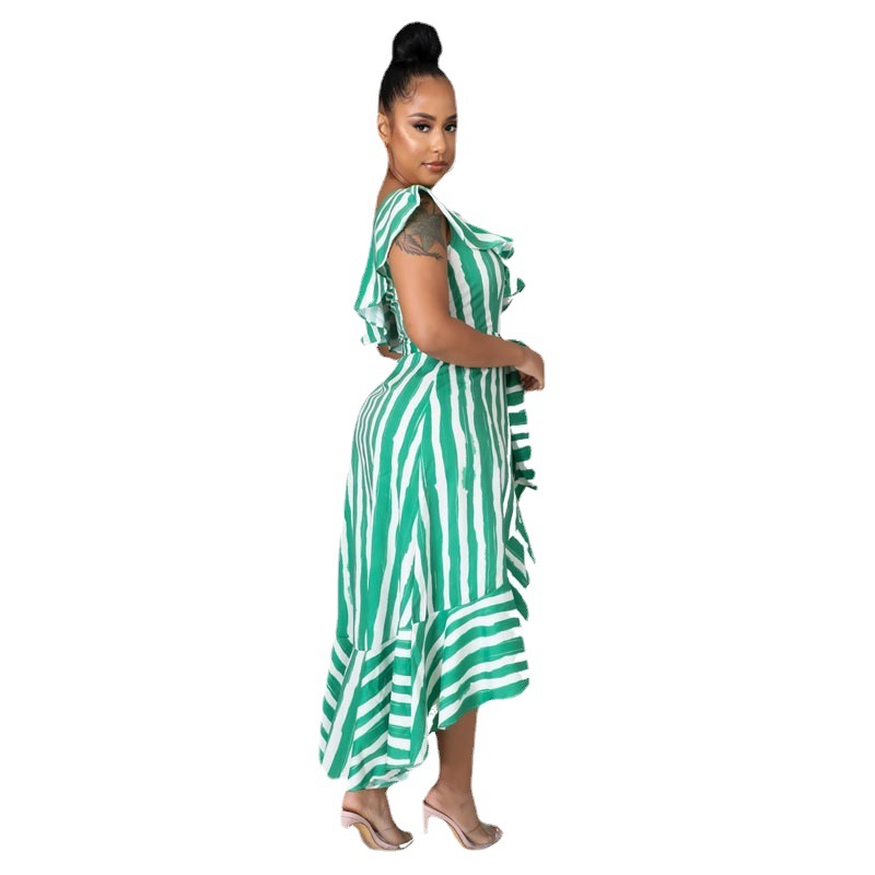 Vestido elegante para ir al trabajo de la próxima temporada, falda irregular, vestido midi verde con hombros descubiertos, vestido a rayas entallado de talla grande. image 5